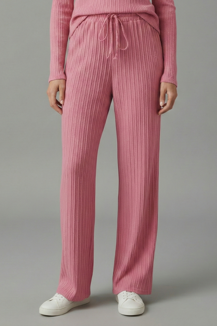 Women’s Palazzo Trousers with Ribbed Surface and Drawstring Waist