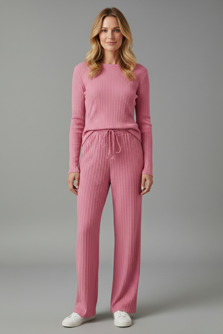 Women’s Palazzo Trousers with Ribbed Surface and Drawstring Waist