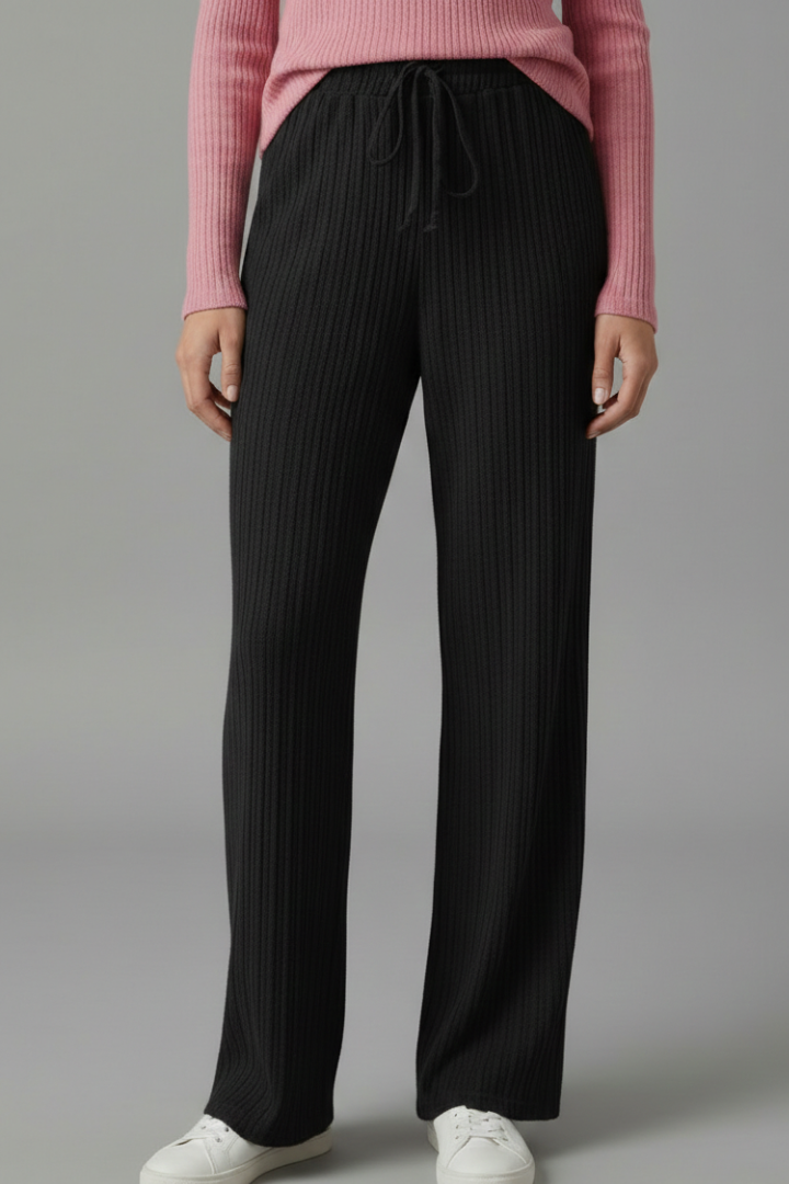 Women’s Palazzo Trousers with Ribbed Surface and Drawstring Waist