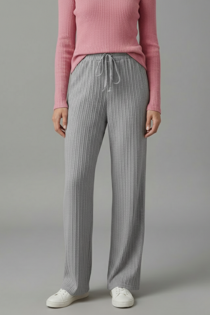 Women’s Palazzo Trousers with Ribbed Surface and Drawstring Waist