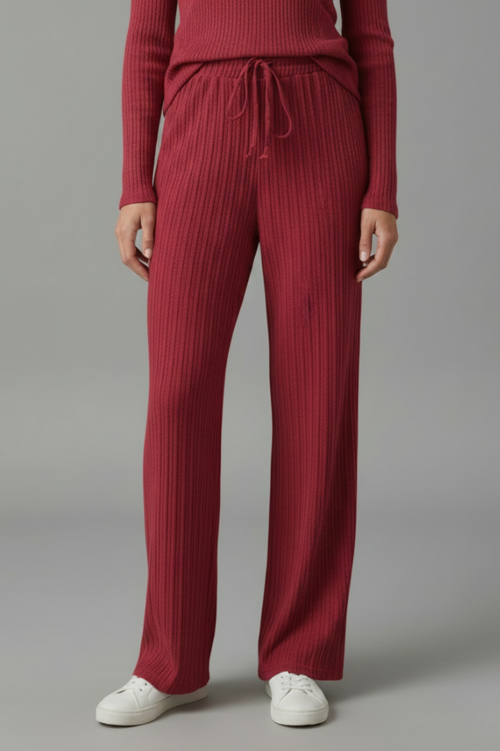 Women’s Palazzo Trousers with Ribbed Surface and Drawstring Waist