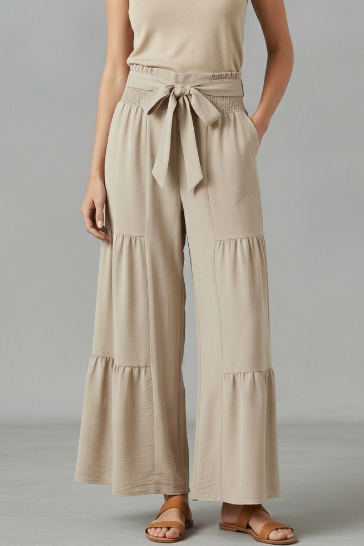 Women’s Palazzo Trousers with Ruffle Hem and Waist Belt