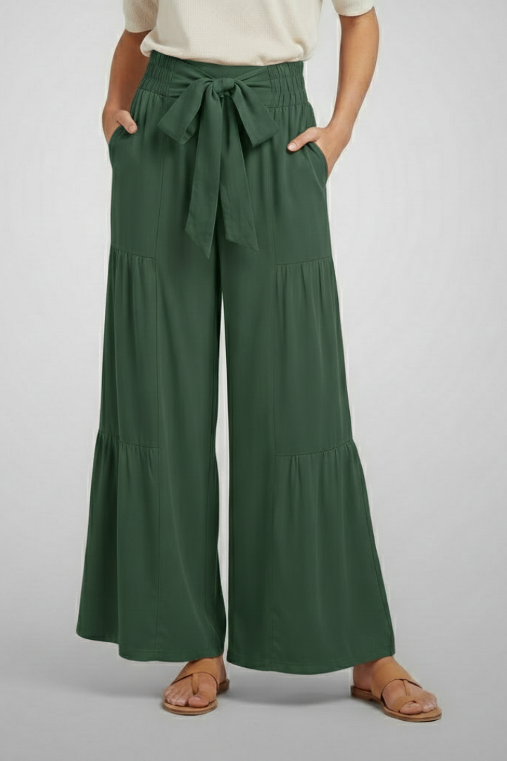 Women’s Palazzo Trousers with Tie Belt and Ruffle Panels