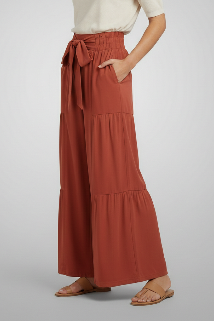 Women’s Palazzo Trousers with Tie Belt and Ruffle Panels