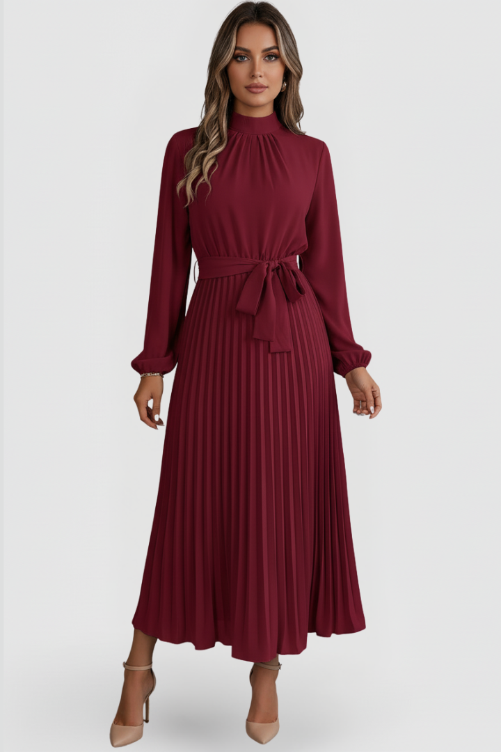 Women’s Pleated Dress with Long Sleeves and Waist Tie