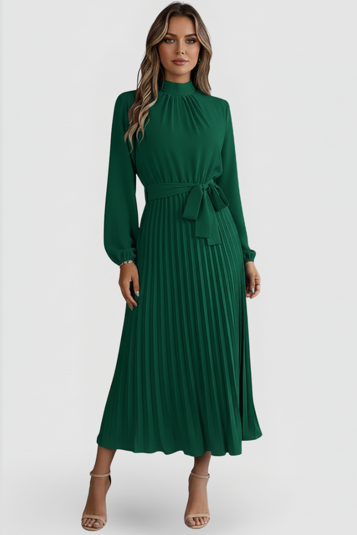 Women’s Pleated Dress with Long Sleeves and Waist Tie