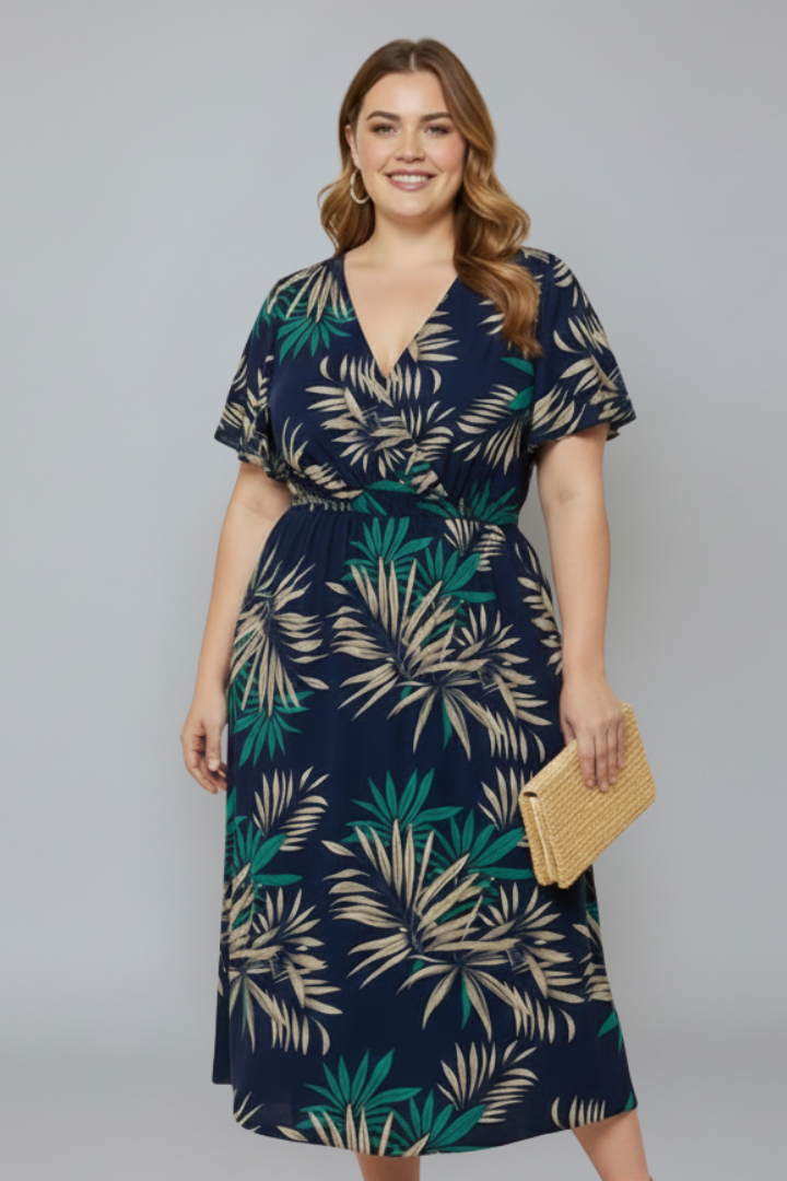 Women’s Plus Size Wrap Dress with V-Neckline and Short Sleeves