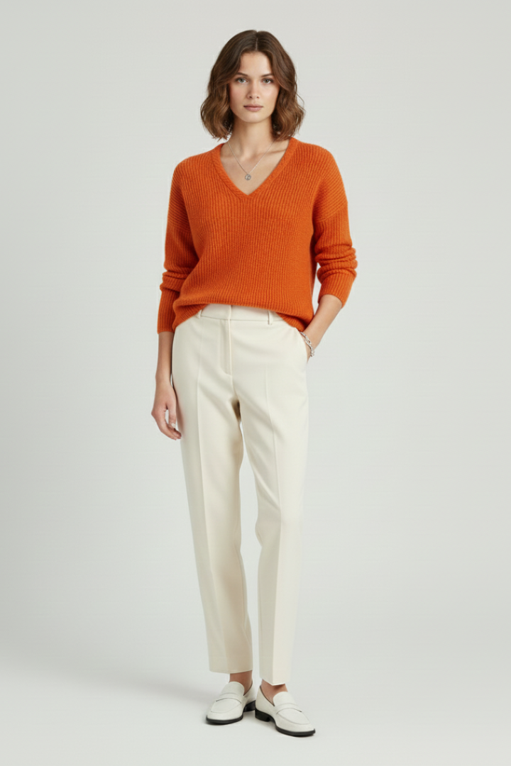 Women’s Pullover with V-Neck and Ribbed Knit Surface