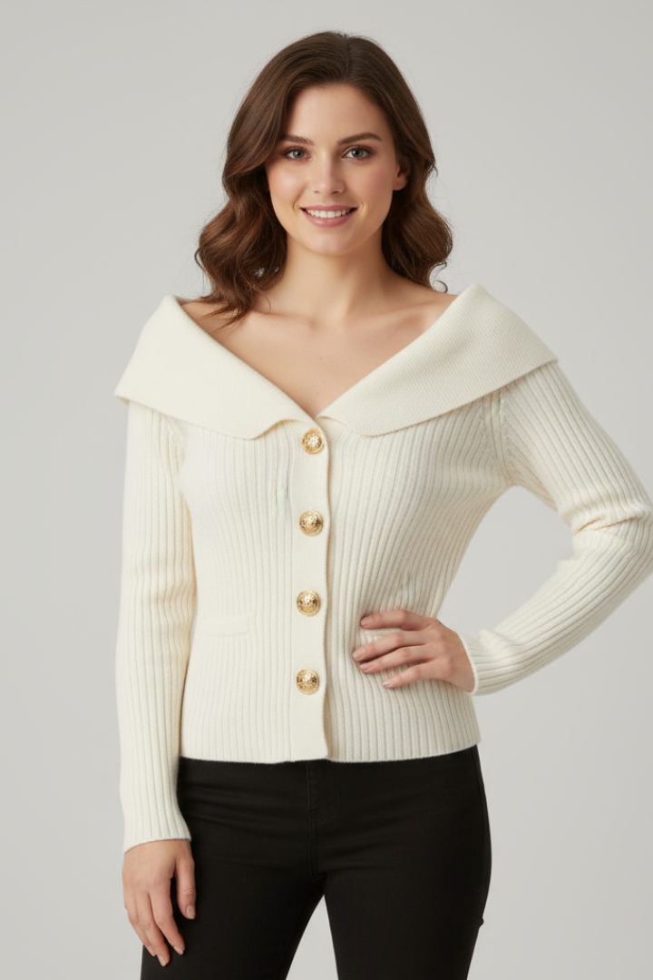 Women’s Ribbed Cardigan with Foldover Neckline and Button-Front Design