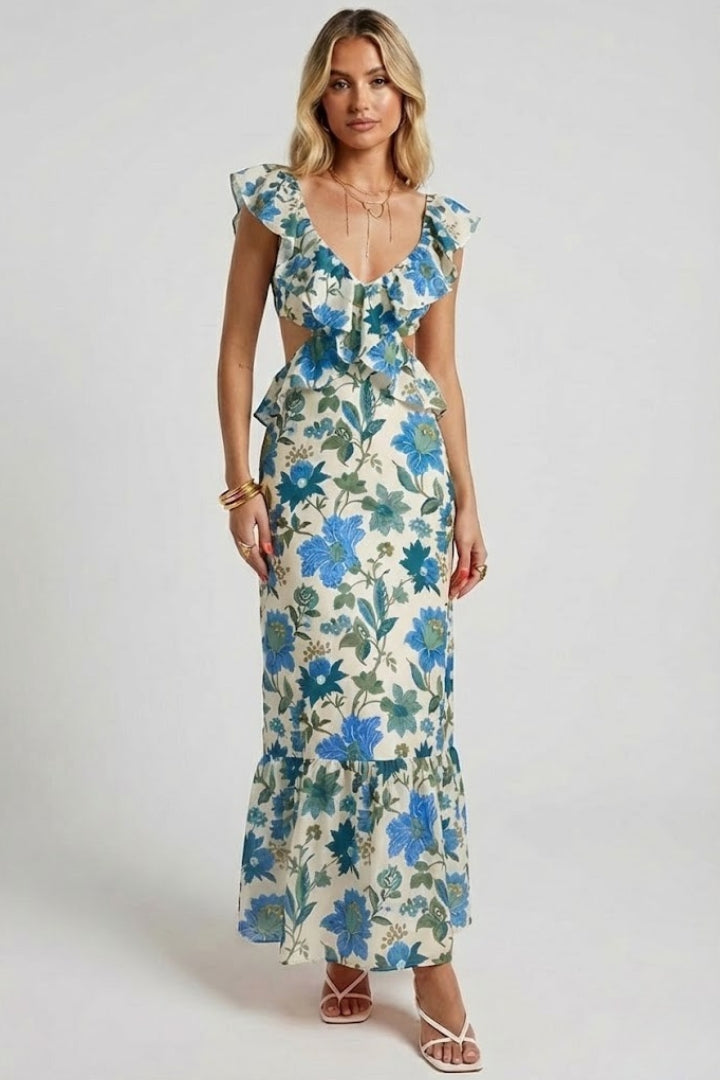 Women’s Ruffle Strap Maxi Dress with V-Neckline