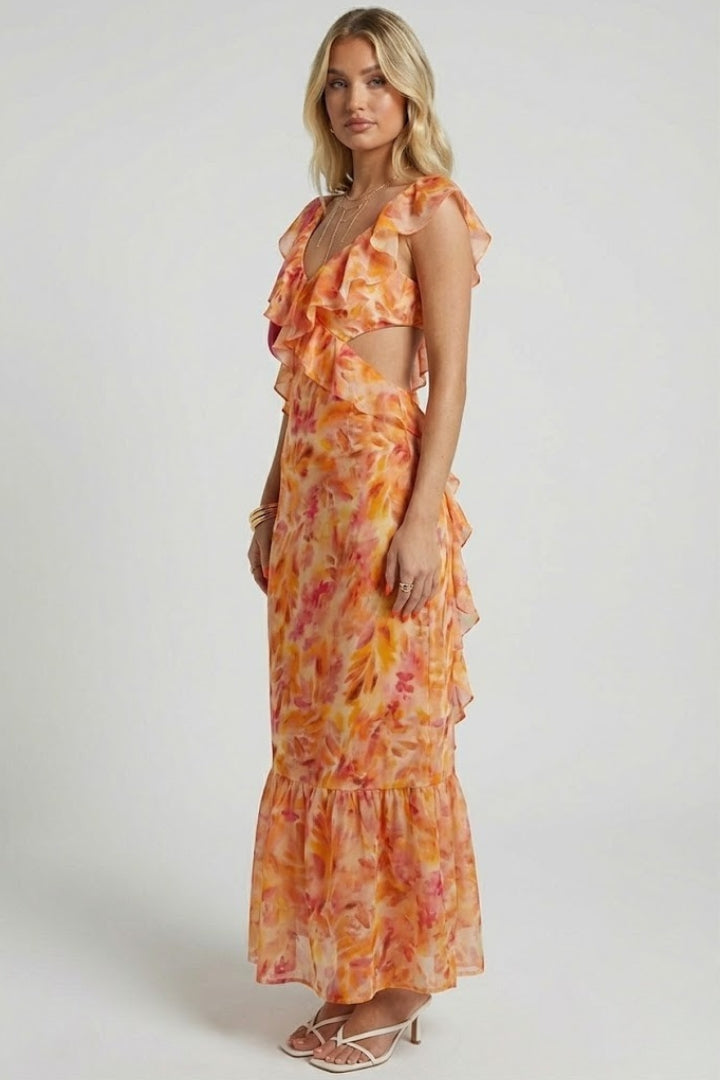 Women’s Ruffle Strap Maxi Dress with V-Neckline