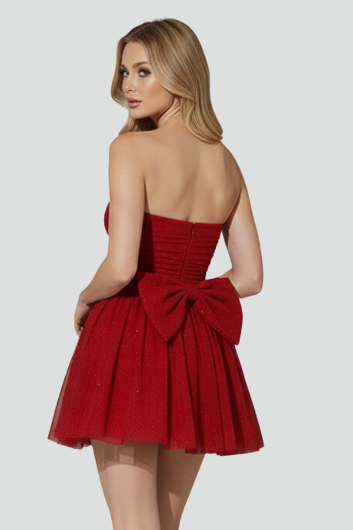 Women’s Short Dress with Bow Detail and Strapless Neckline