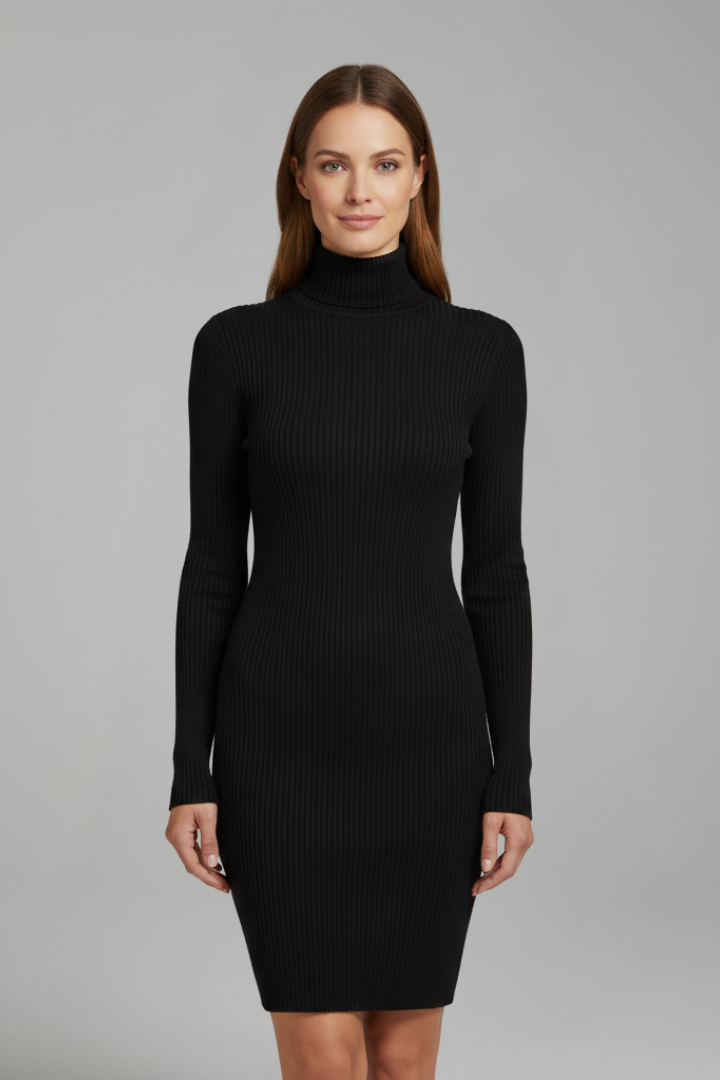Women’s Short Dress with High Neckline and Long Sleeves