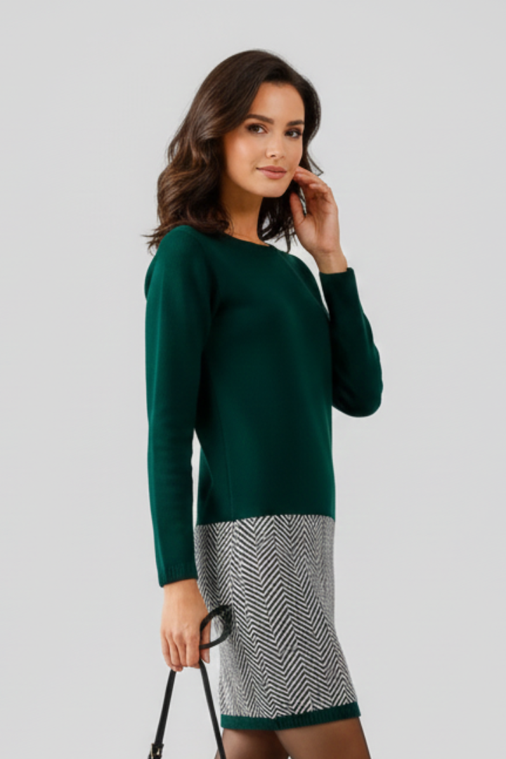 Women’s Short Dress with Round Neckline and Patterned Hem