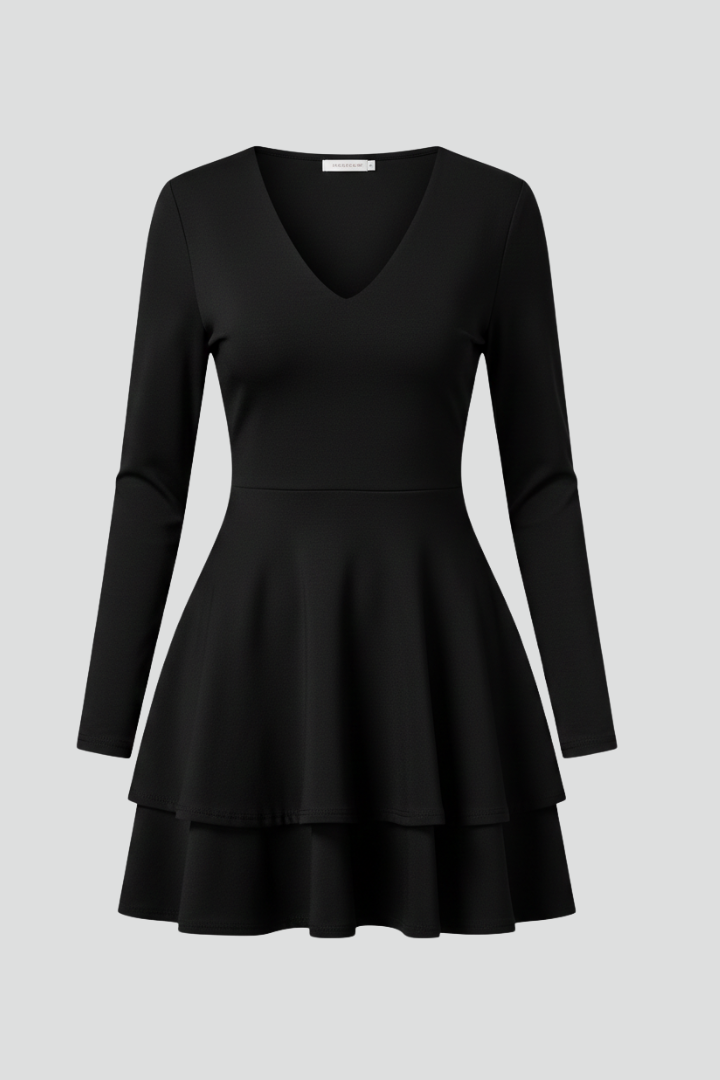 Women’s Short Dress with V-Neck and Long Sleeves