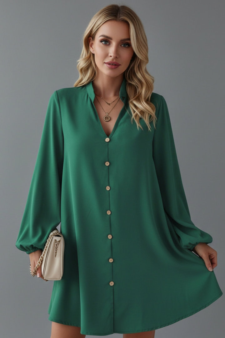 Women’s Short Dress with V Neckline and Button Placket