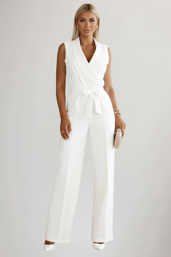 Women’s Sleeveless Jumpsuit with V-Neck and Tie Waist