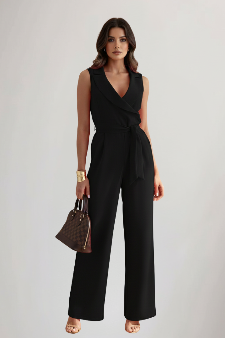 Women’s Sleeveless Jumpsuit with V-Neck and Tie Waist