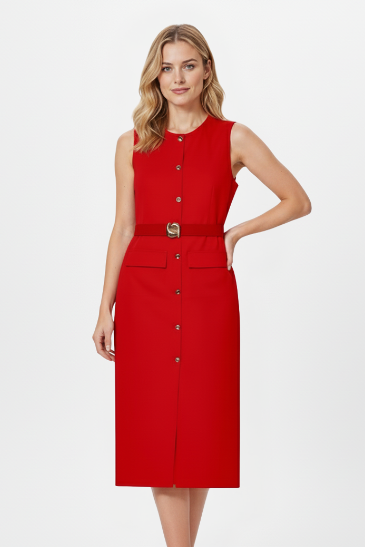Women’s Sleeveless Midi Dress with Buttons and Belted Waist