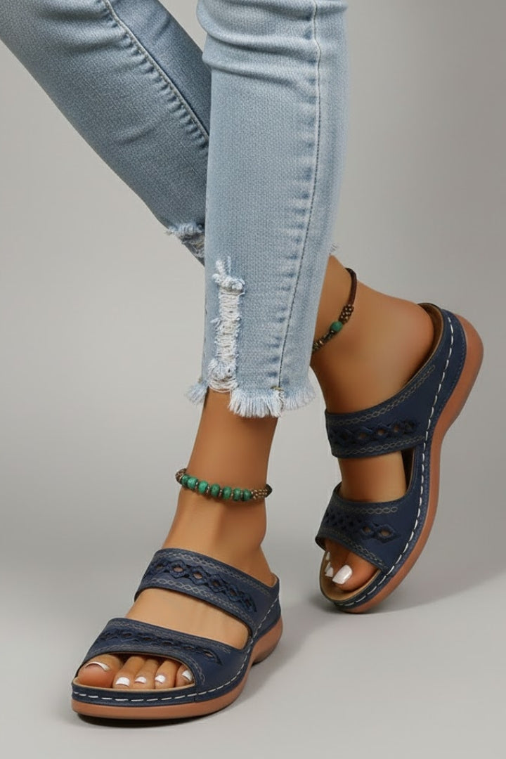 Women’s Slide Sandals with Dual Straps and Decorative Cutouts