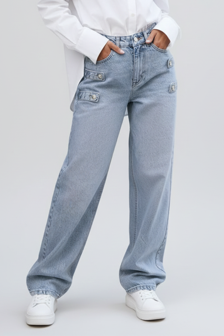 Women’s Straight-Leg Jeans with Button Fastening and Side Tabs