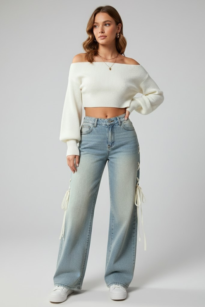 Women’s Straight-Leg Jeans with Side Lacing and Wide Legs