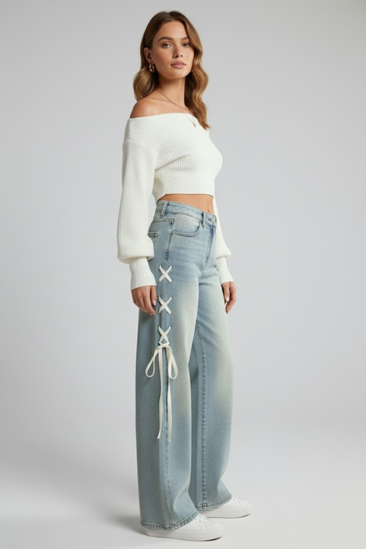 Women’s Straight-Leg Jeans with Side Lacing and Wide Legs