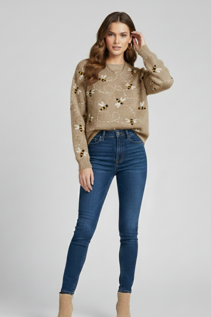 Women’s Sweater with Bee Pattern and Long Sleeves