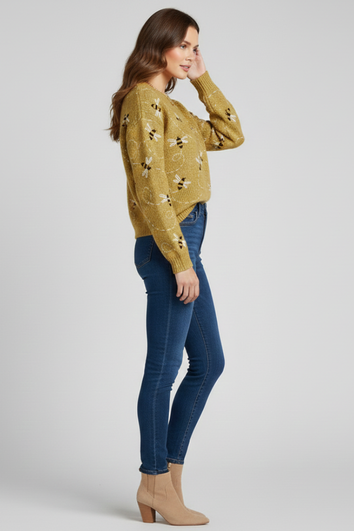 Women’s Sweater with Bee Pattern and Long Sleeves