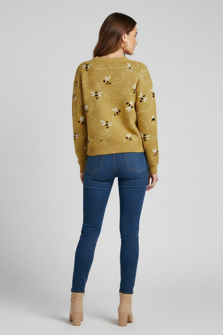 Women’s Sweater with Bee Pattern and Long Sleeves
