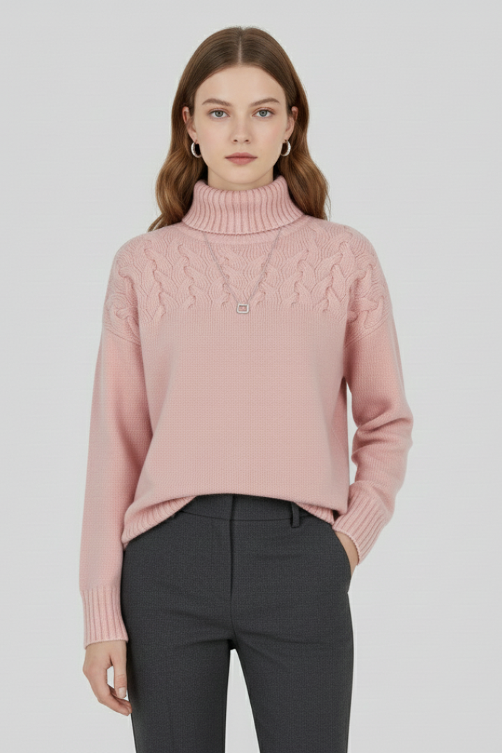 Women’s Sweater with Turtleneck and Textured Cable Pattern