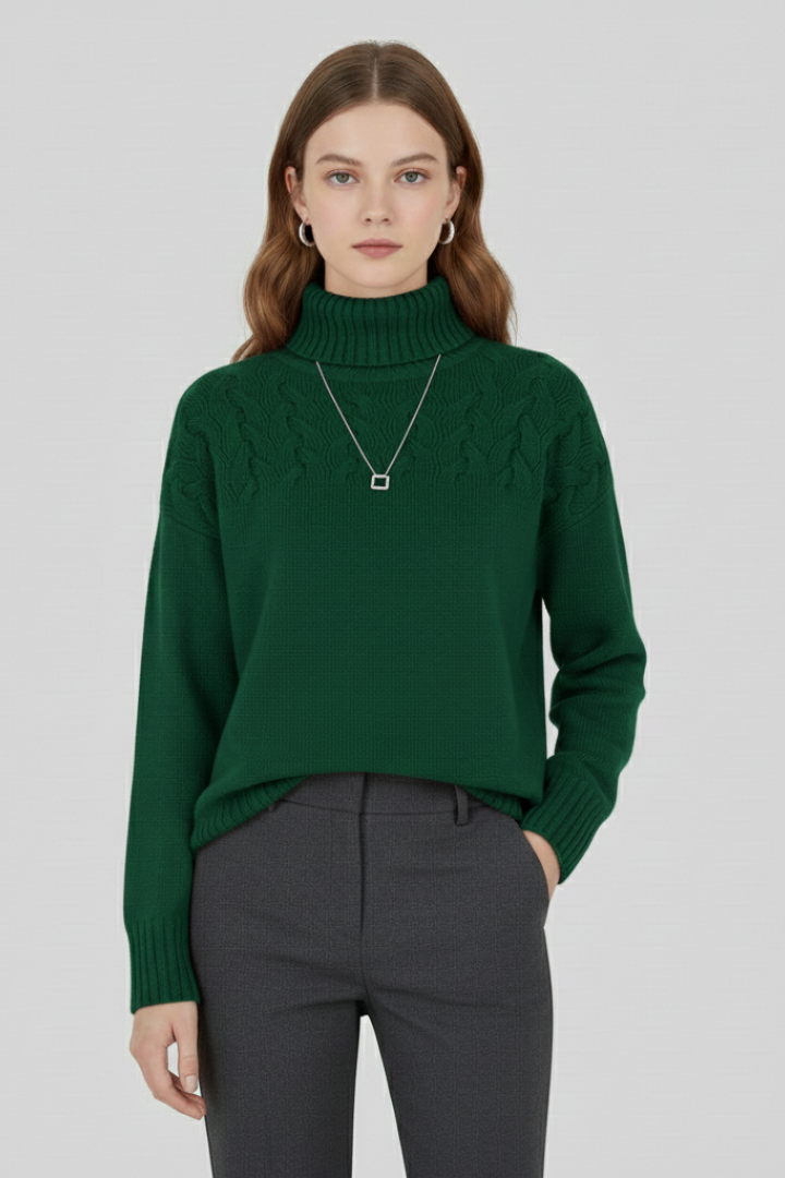 Women’s Sweater with Turtleneck and Textured Cable Pattern