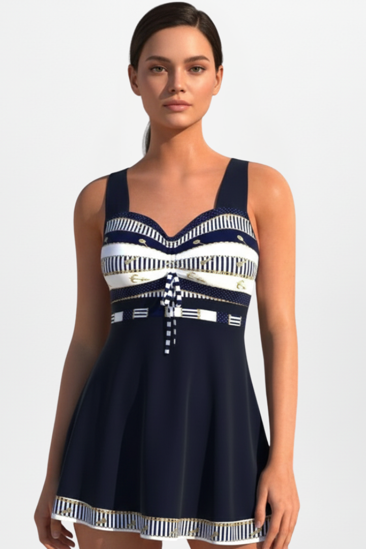 Women’s Swim Dress with Printed Upper and Tie Front