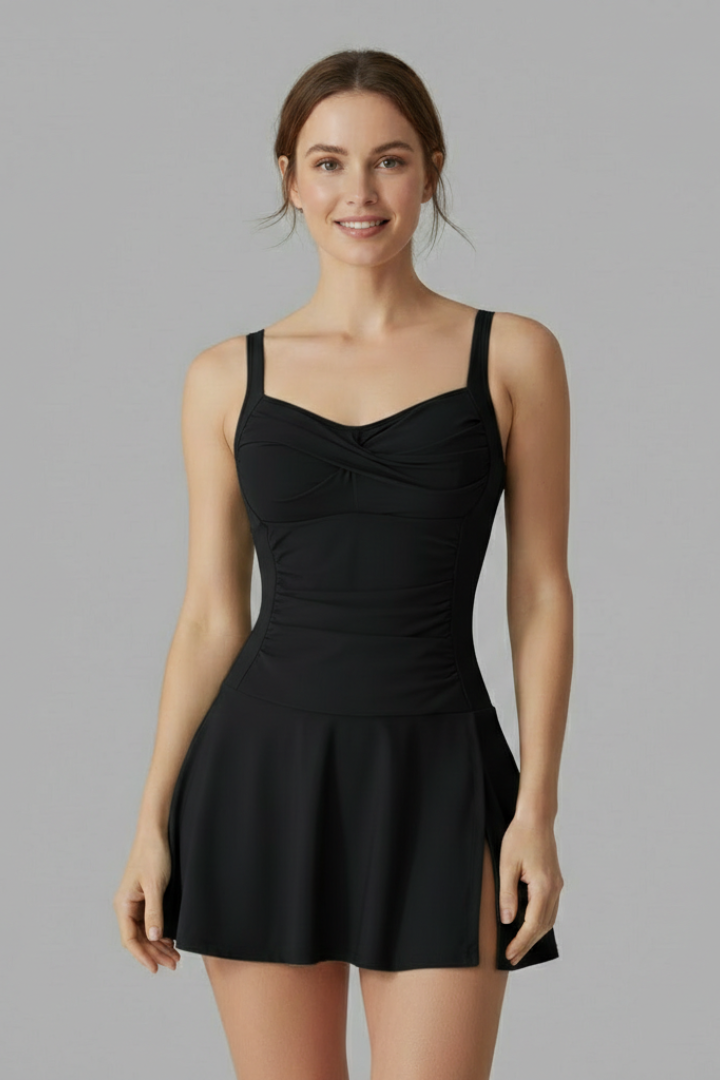 Women’s Swimdress with Sweetheart Neck and Flared Skirt