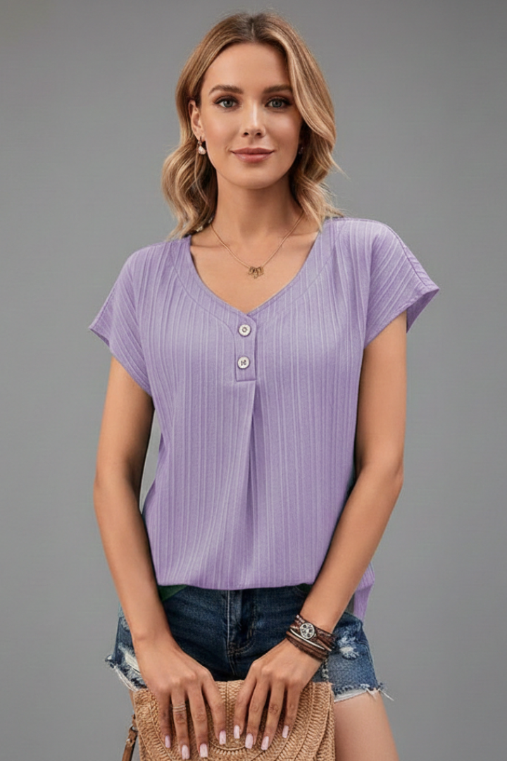 Women’s T-Shirt with Button Placket and Ribbed Surface