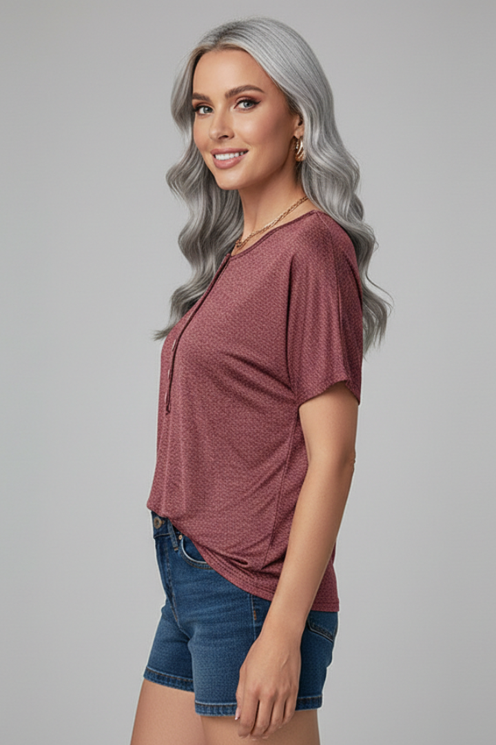 Women’s T-Shirt with Button Placket and Ribbed Surface