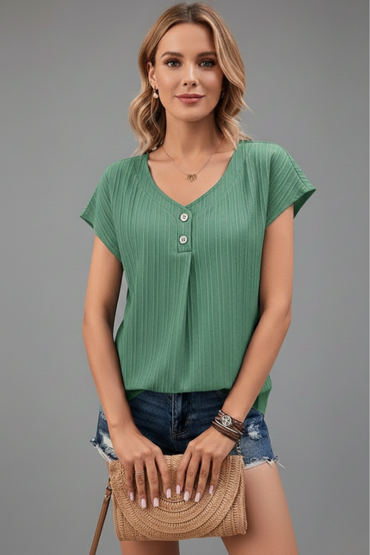 Women’s T-Shirt with Button Placket and Ribbed Surface