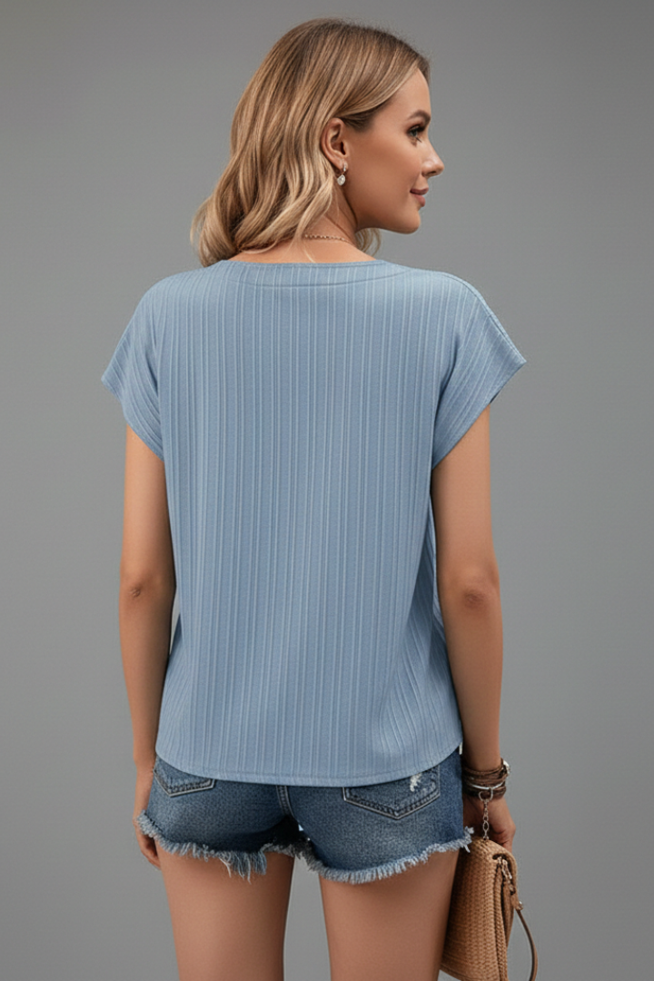 Women’s T-Shirt with Button Placket and Ribbed Surface