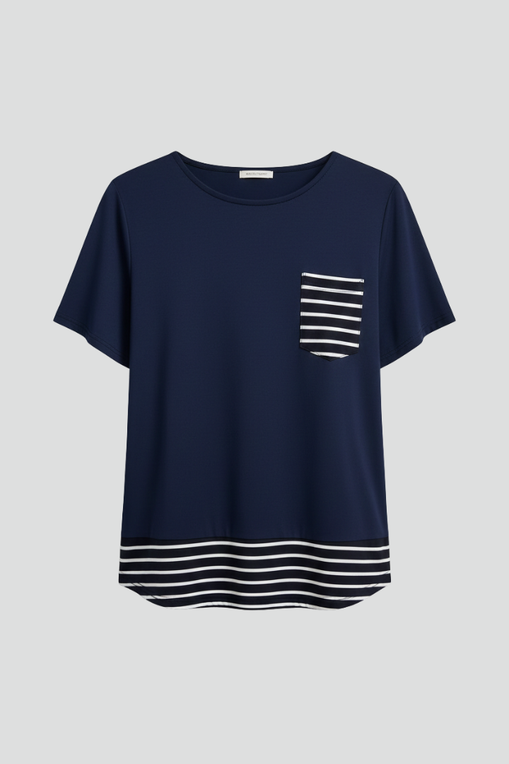 Women’s T-Shirt with Chest Pocket and Striped Hem