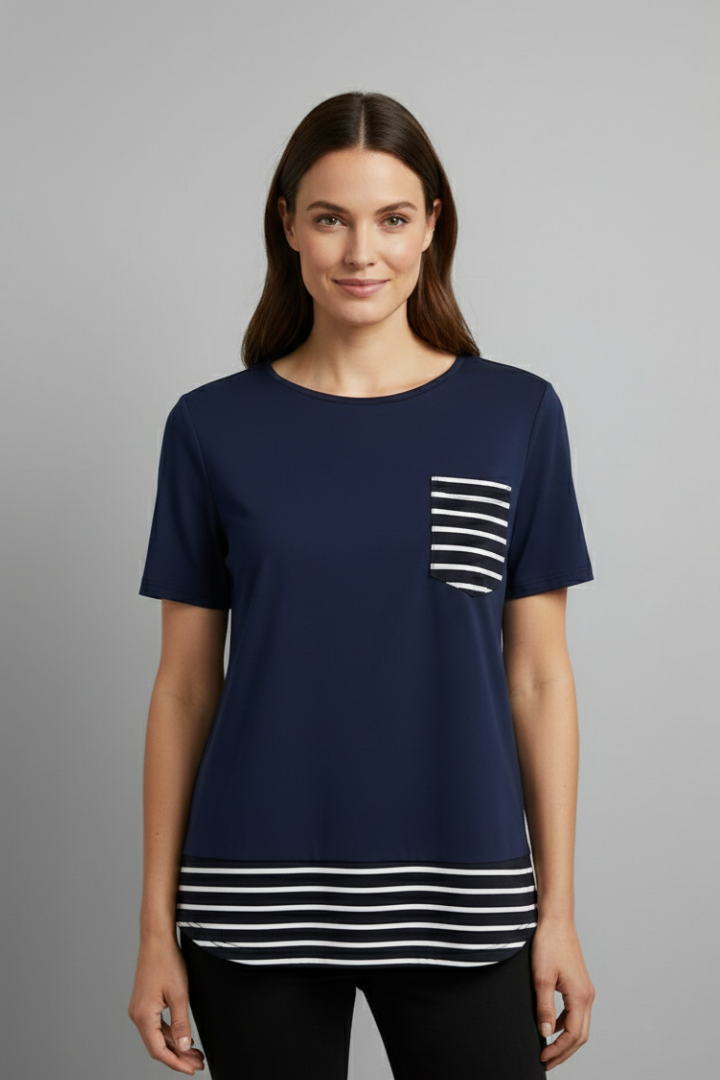 Women’s T-Shirt with Chest Pocket and Striped Hem