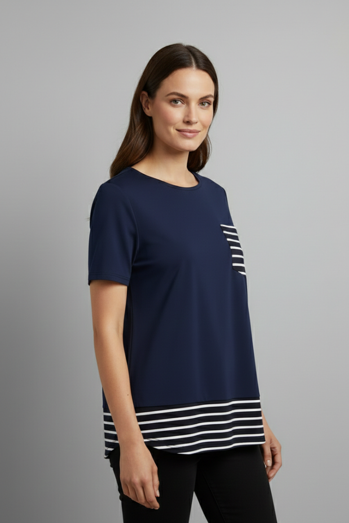 Women’s T-Shirt with Chest Pocket and Striped Hem