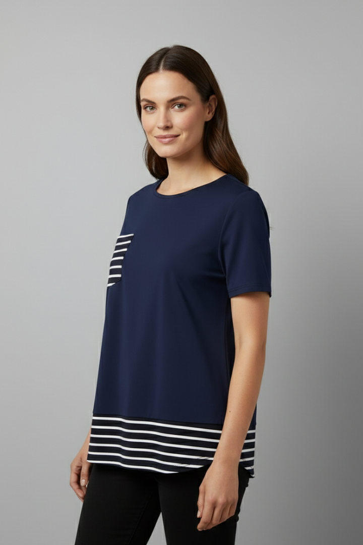 Women’s T-Shirt with Chest Pocket and Striped Hem