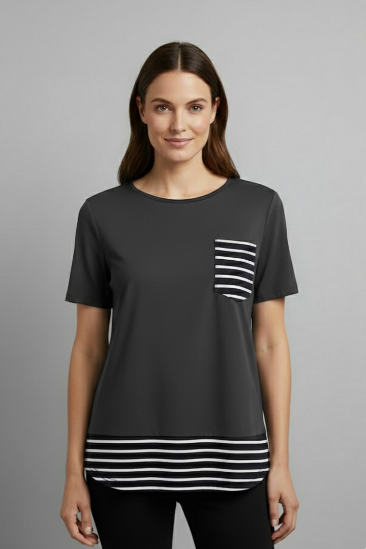Women’s T-Shirt with Chest Pocket and Striped Hem