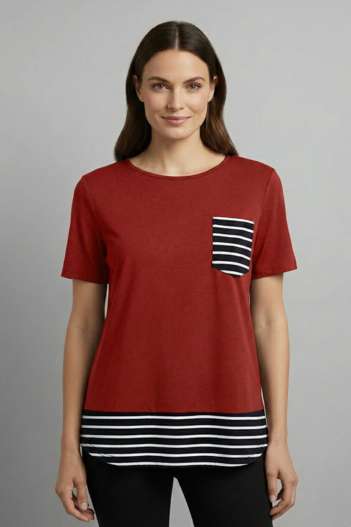 Women’s T-Shirt with Chest Pocket and Striped Hem