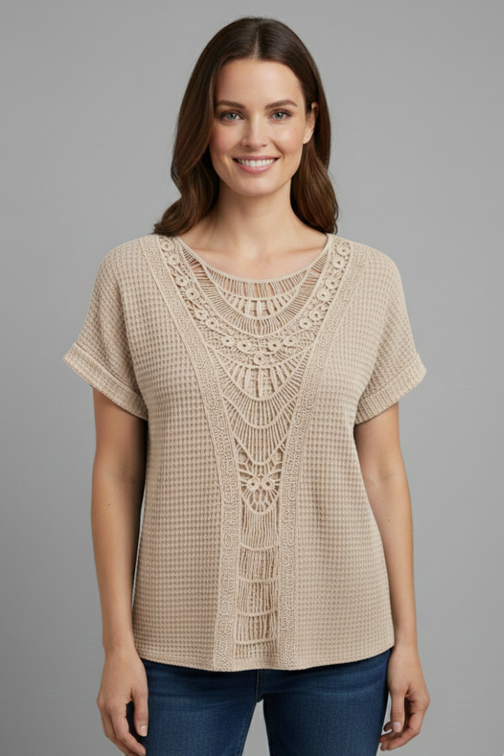 Women’s T-Shirt with Lace Inserts and Round Neckline