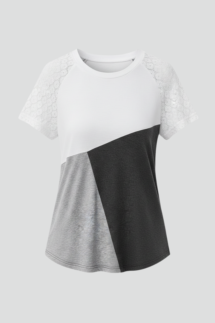 Women’s T-Shirt with Lace Sleeves and Colour Block Design