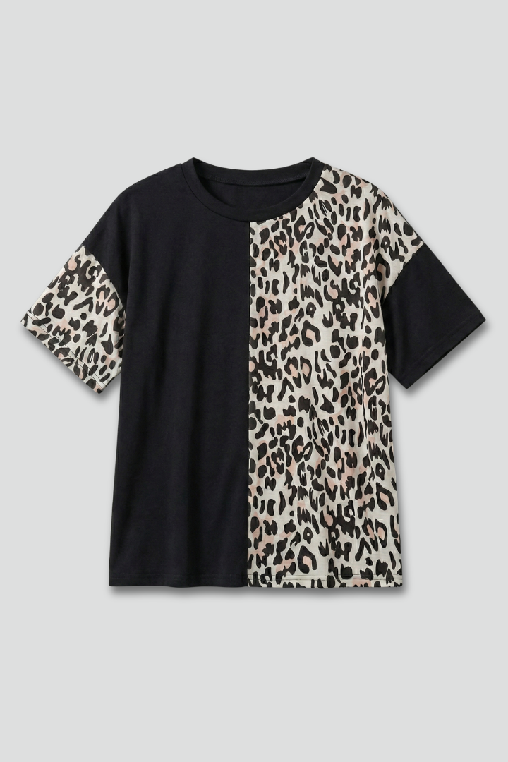 Women’s T-Shirt with Leopard Panel and Short Sleeves