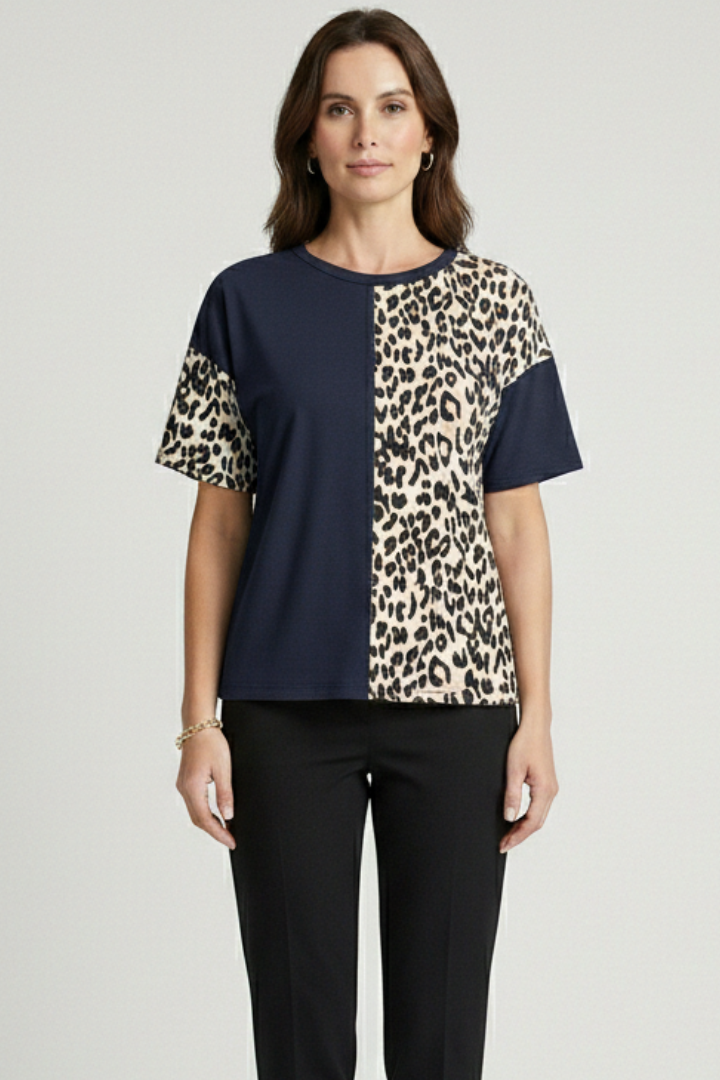 Women’s T-Shirt with Leopard Panel and Short Sleeves