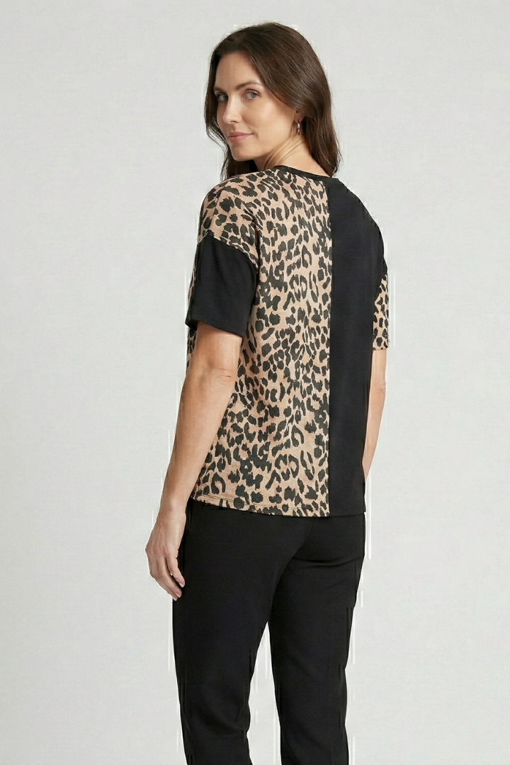 Women’s T-Shirt with Leopard Panel and Short Sleeves