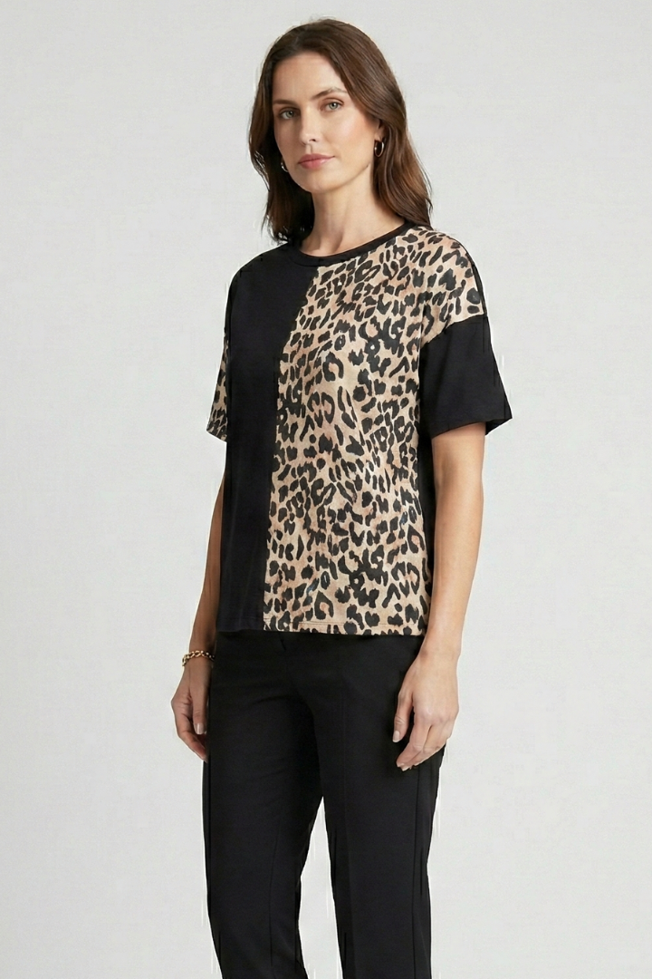 Women’s T-Shirt with Leopard Panel and Short Sleeves